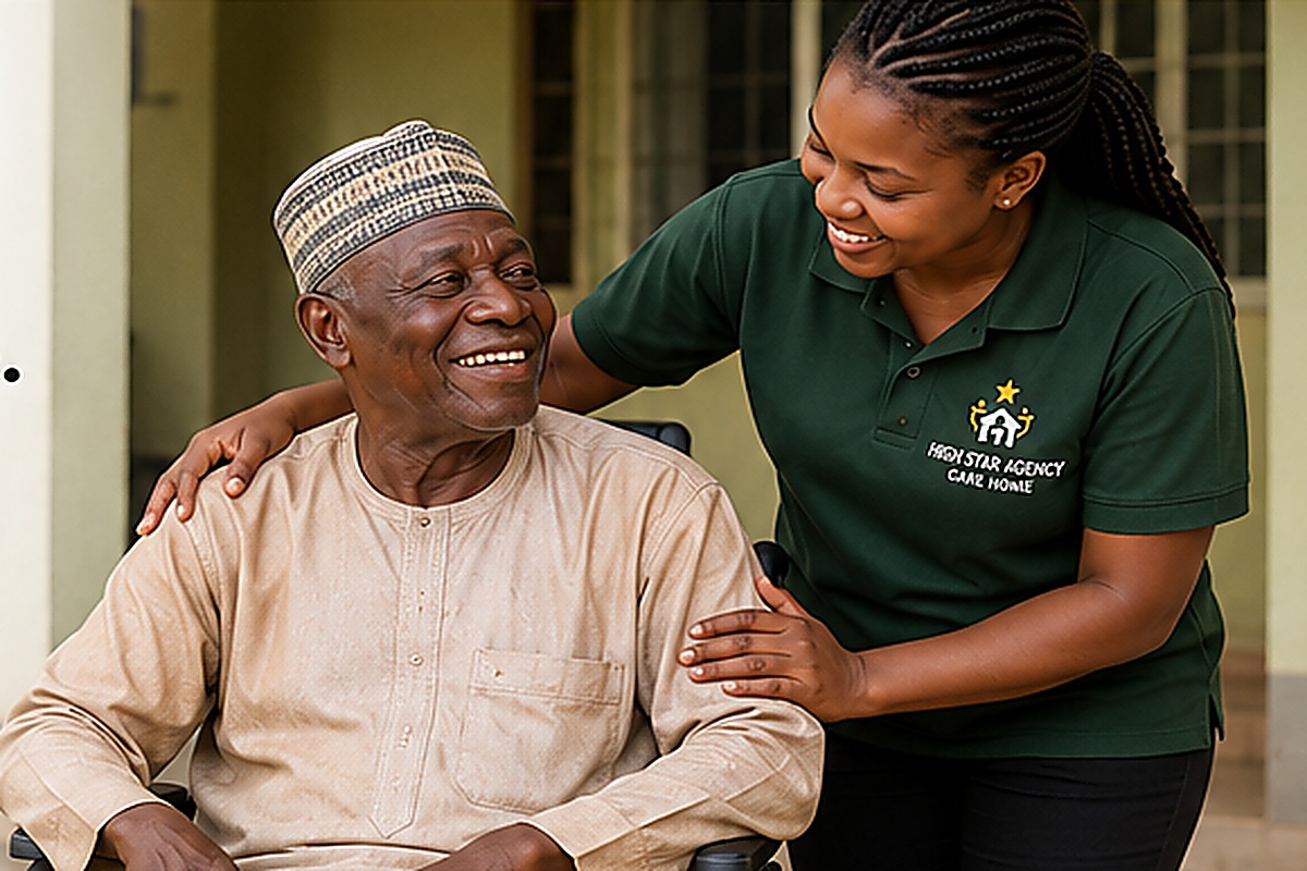 Nigerian caregiver supporting an elderly man at High Star Agency
