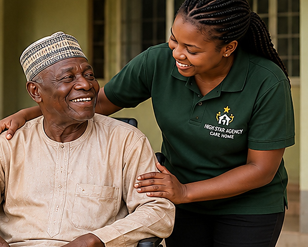 Nigerian care worker attending to an elderly resident