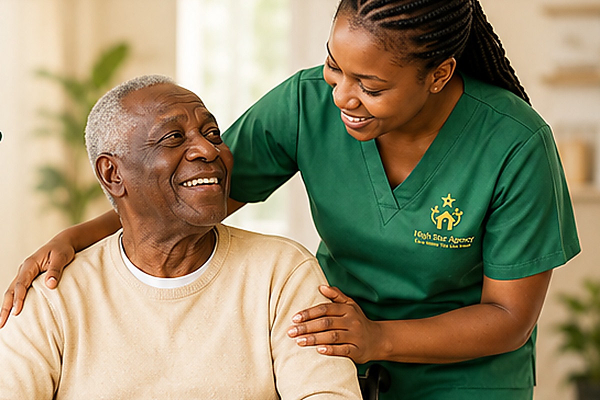 Nigerian resident and caregiver smiling together
