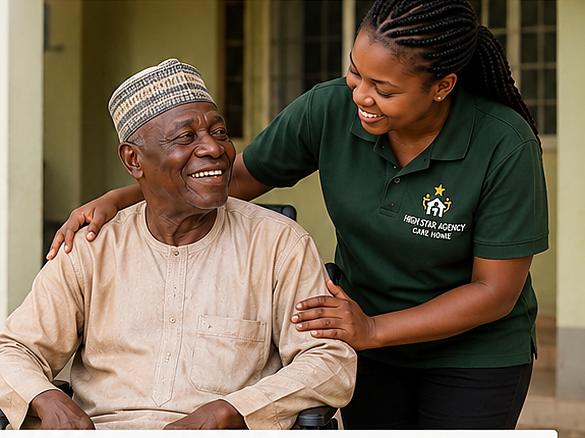 Caregiver supporting an elderly resident at High Star Agency